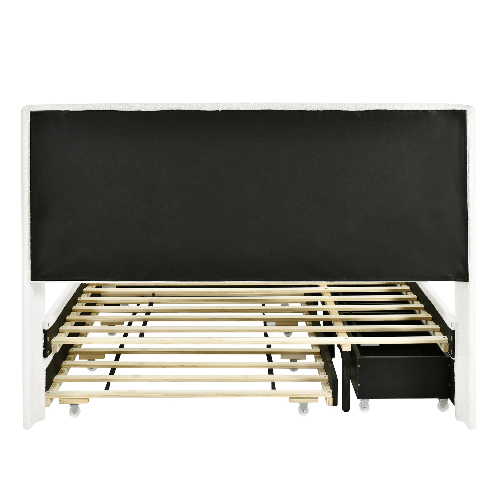 Full Size Upholstered Platform Bed With Led Frame, With Twin Size Trundle And 2 Drawers, Teddy Fleece, White White Fleece