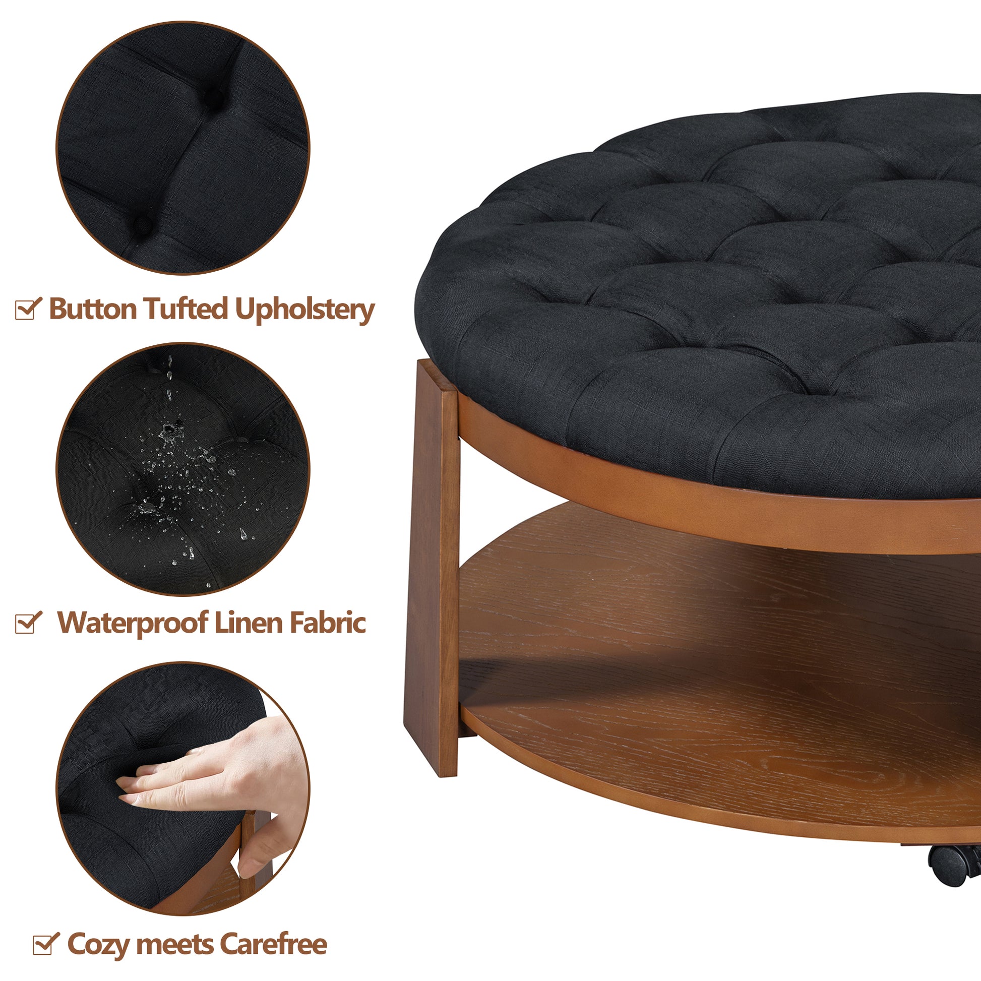Modern Large Round Ottoman Coffee Table 2 Tier Oversized Button Tufted Ottoman With Wood Shelf Storage Upholstered Coffee Table For Living Room Footrest Ottoman With Wheel, Waterproof Linen Black Brown Rubber Wood