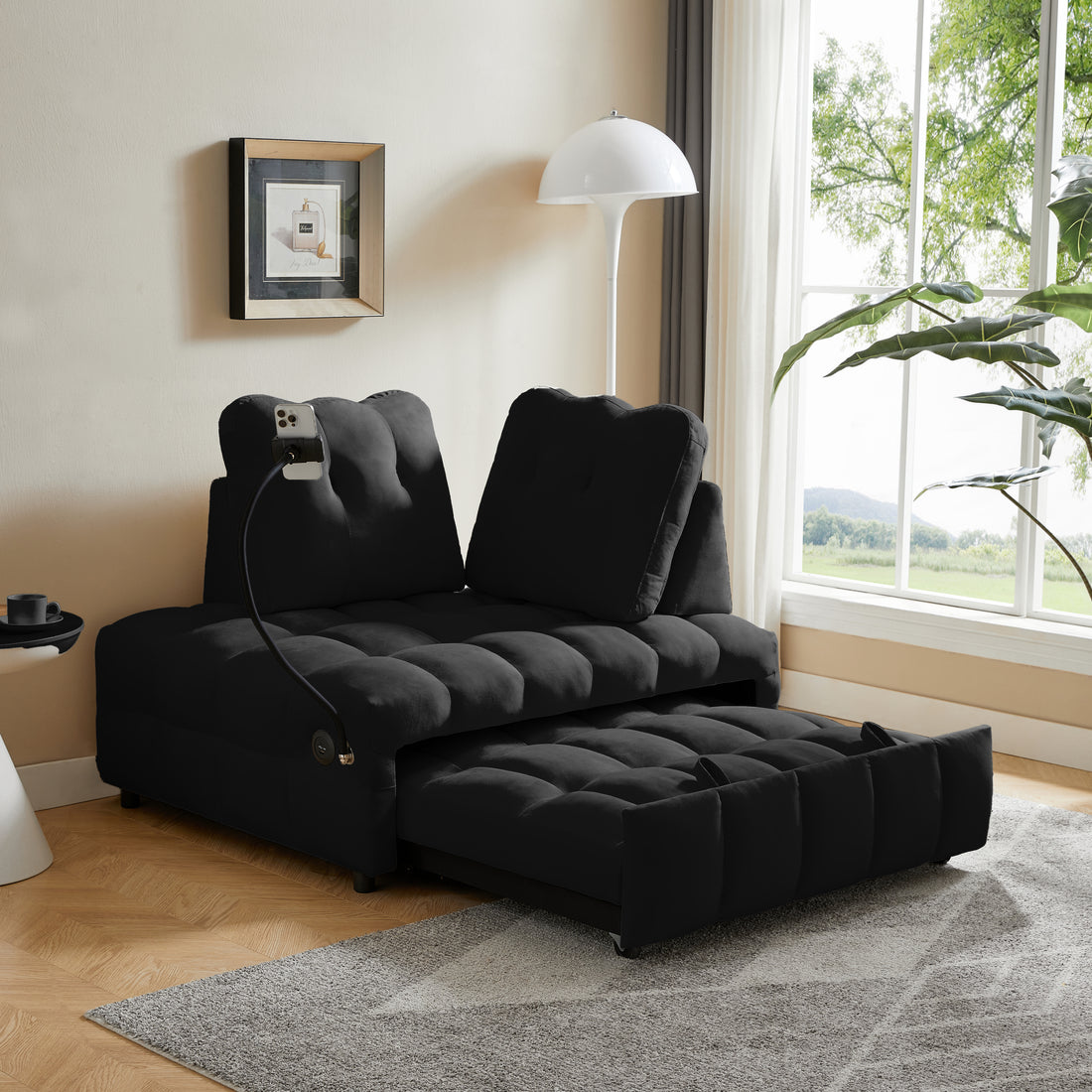 Modern Sofa Velvet Pull Out Bed,Independently Removable Backrest, Have Usb Port And Swivel Phone Stand ,Black Black Wood Velvet 2 Seat