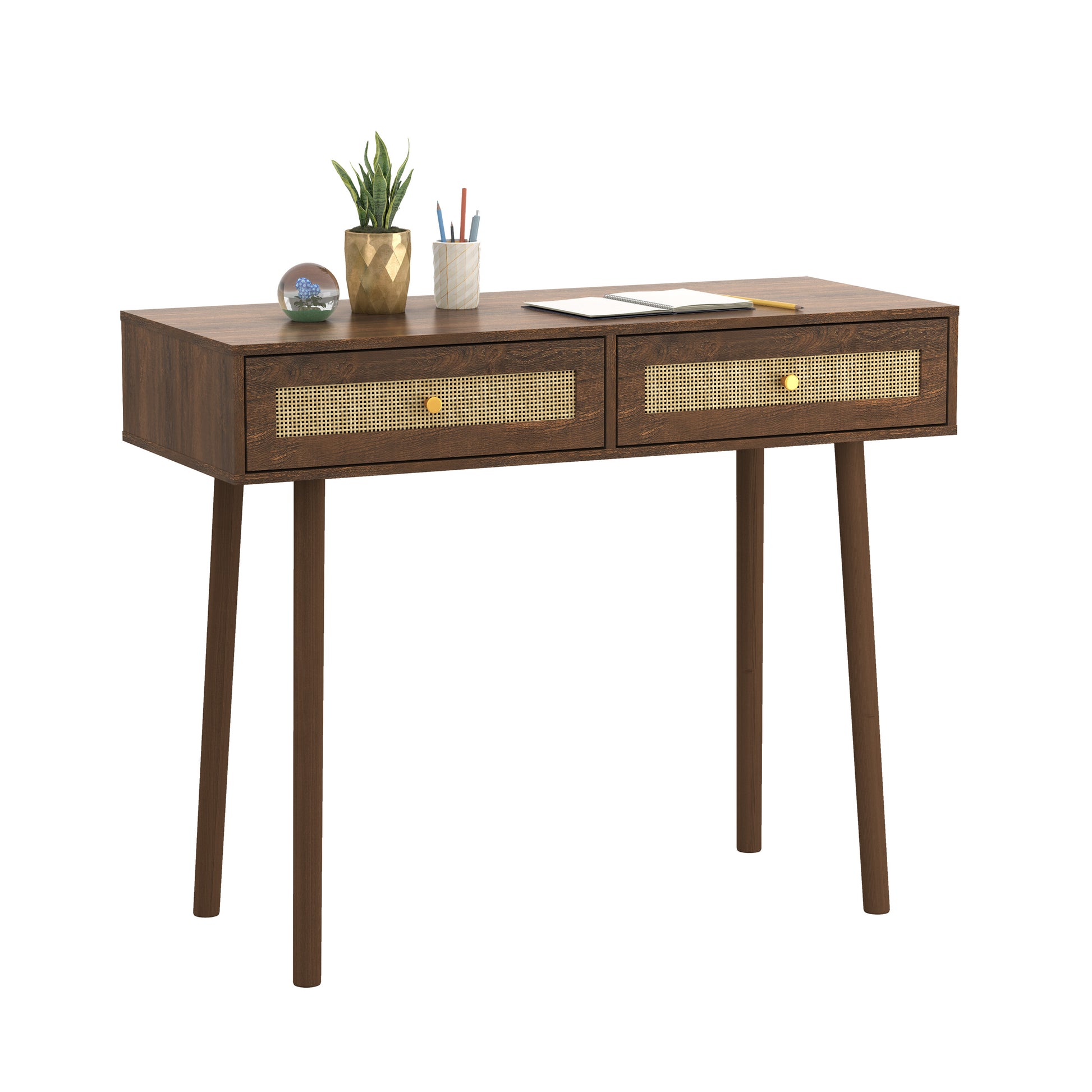Bohemian Table, 2 Natural Rattan Drawers In Walnut Brown Mdf