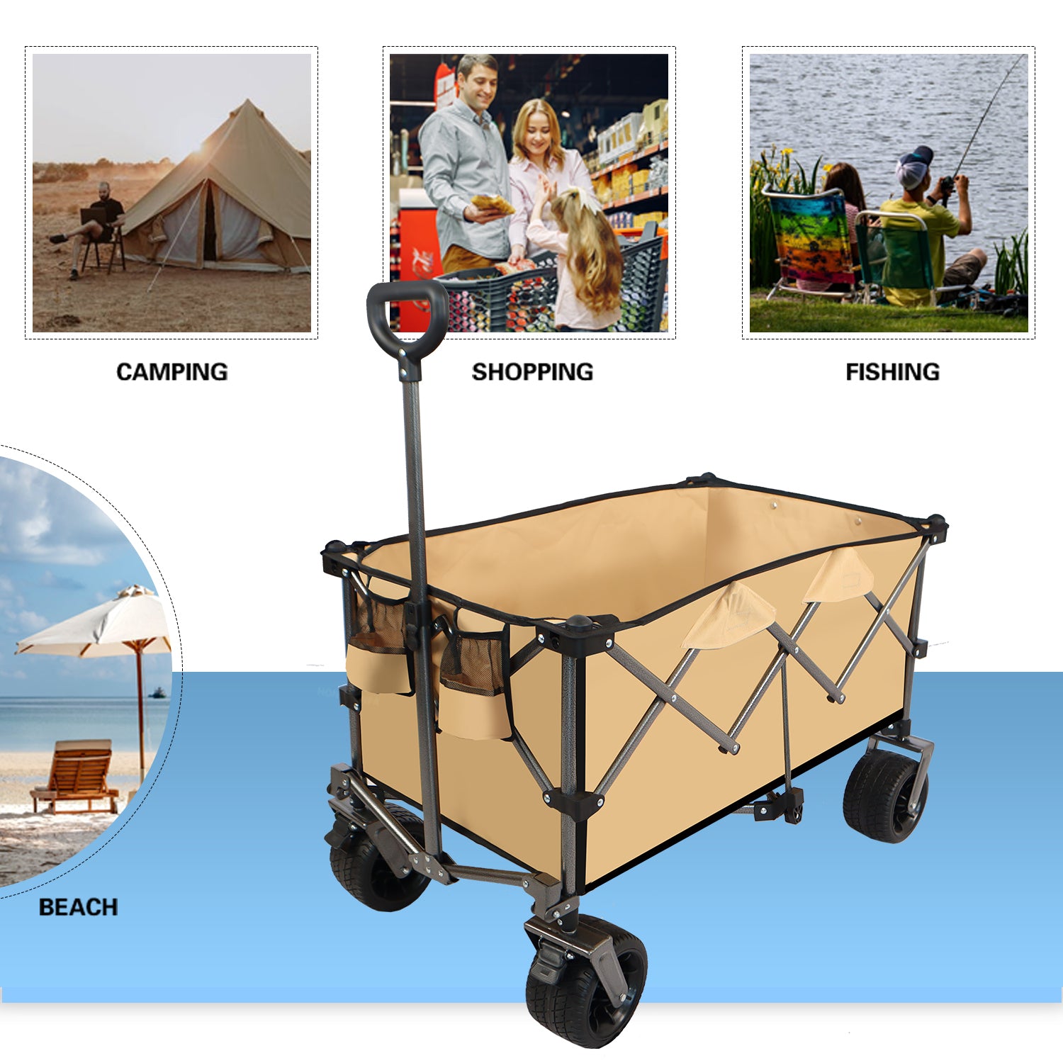 Collapsible Folding Wagon, Push Pull Foldable Beach Wagon Cart Grayish Brown Steel