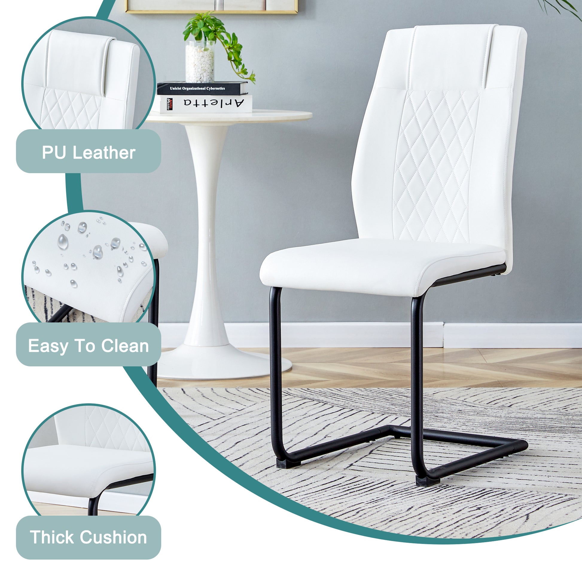 Table And Chair Set.Modern Rectangular Glass Dining Table With 0.39" Tempered Glass Tabletop And Black Metal Legs.Paired With Multiple Chairs Designed With Pu Cushions And Black Metal Legs. White Black Seats 4 Tempered Glass