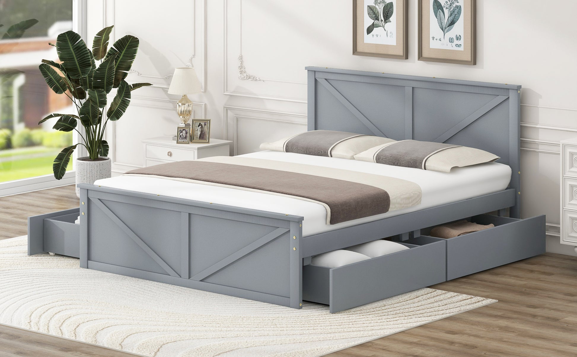 Queen Size Wooden Platform Bed With Four Storage Drawers And Support Legs, Gray Queen Gray Pine