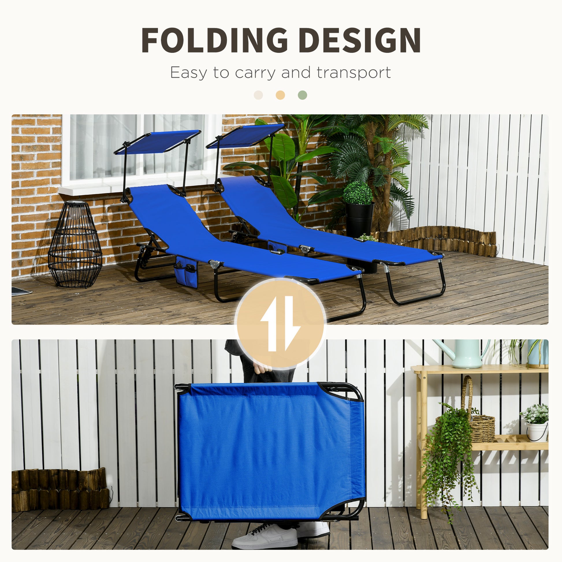 Outsunny Folding Chaise Lounge Pool Chairs, Outdoor Sun Tanning Chairs With Canopy Shade, Reclining Back, Steel Frame And Side Pocket For Beach, Yard, Patio, Blue Blue Steel