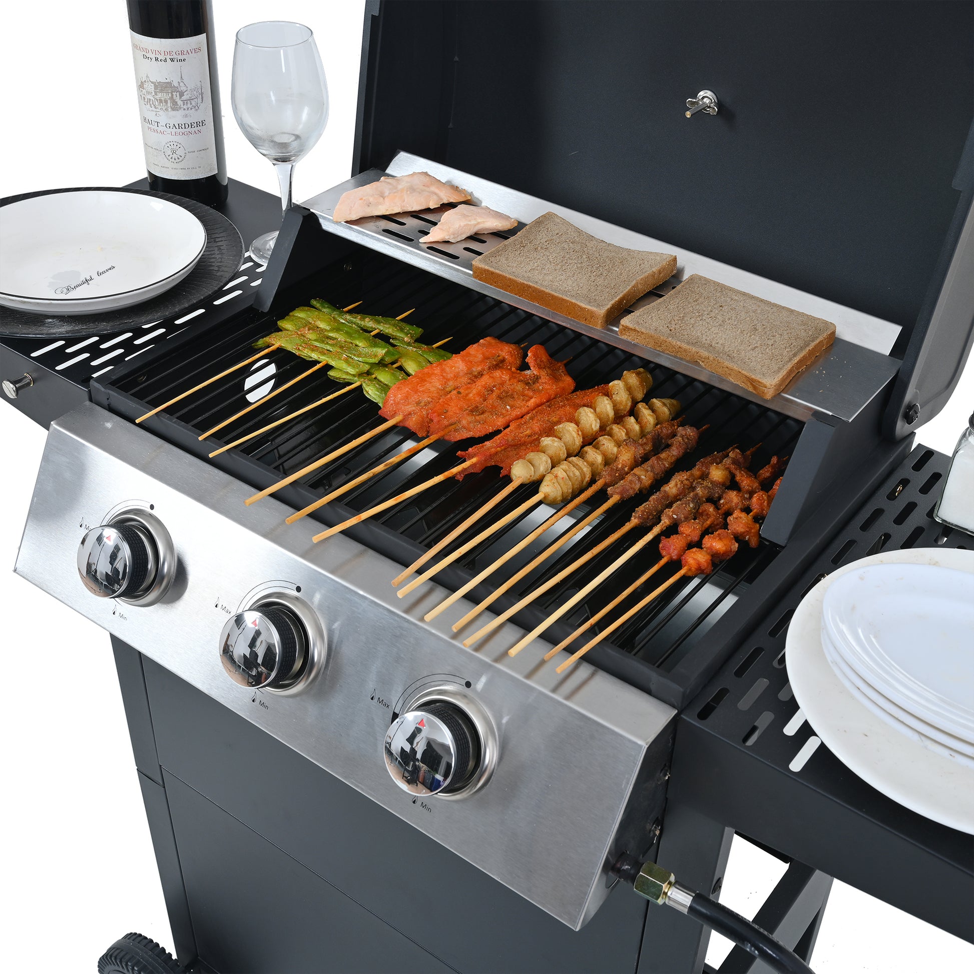 Propane Gas Grill 4 Burner Barbecue Grill, Stainless Steel 34,000 Btu Patio Garden Barbecue Grill With Two Shelves, Lid, Wheels And Bottle Opener Black Iron