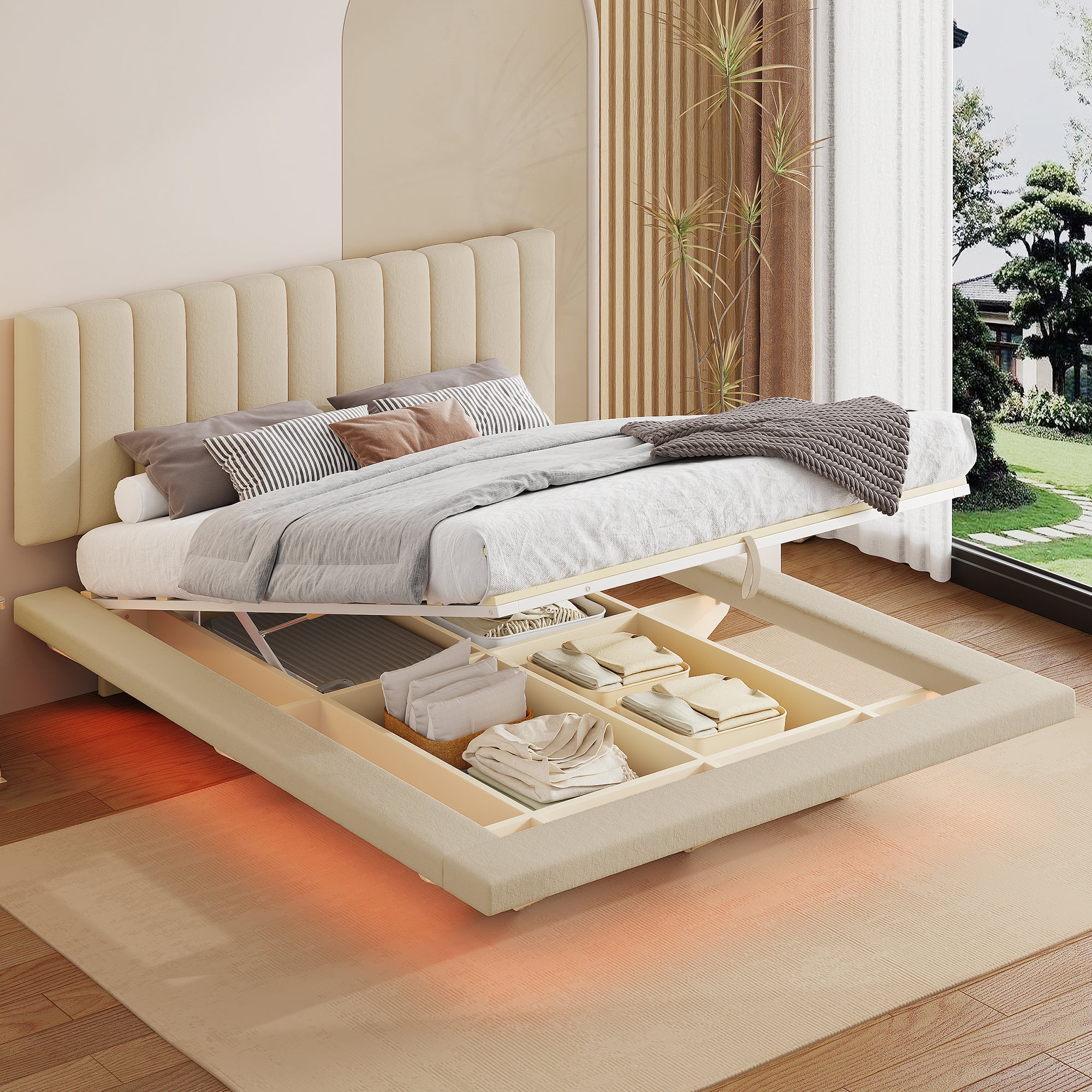 Queen Size Upholstered Floating Bed With Led Light And Usb Port, Velvet, Beige, Hydrualic Platform Bed Queen Beige Velvet