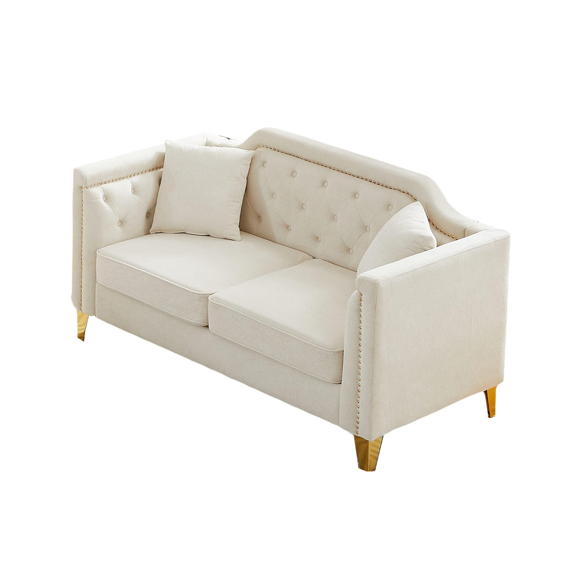 Fx 61.5"Mid Century Design Modern Sofa,Chenille Pull Buckle Design Sofa For Living Room,Buttons Tufted With Copper Nail Decoration Armrest, With 2 Pillows,Modern Couch Upholstered Button And Metal Leg Beige Chenille Wood Pine Foam Fabric 2 Seat