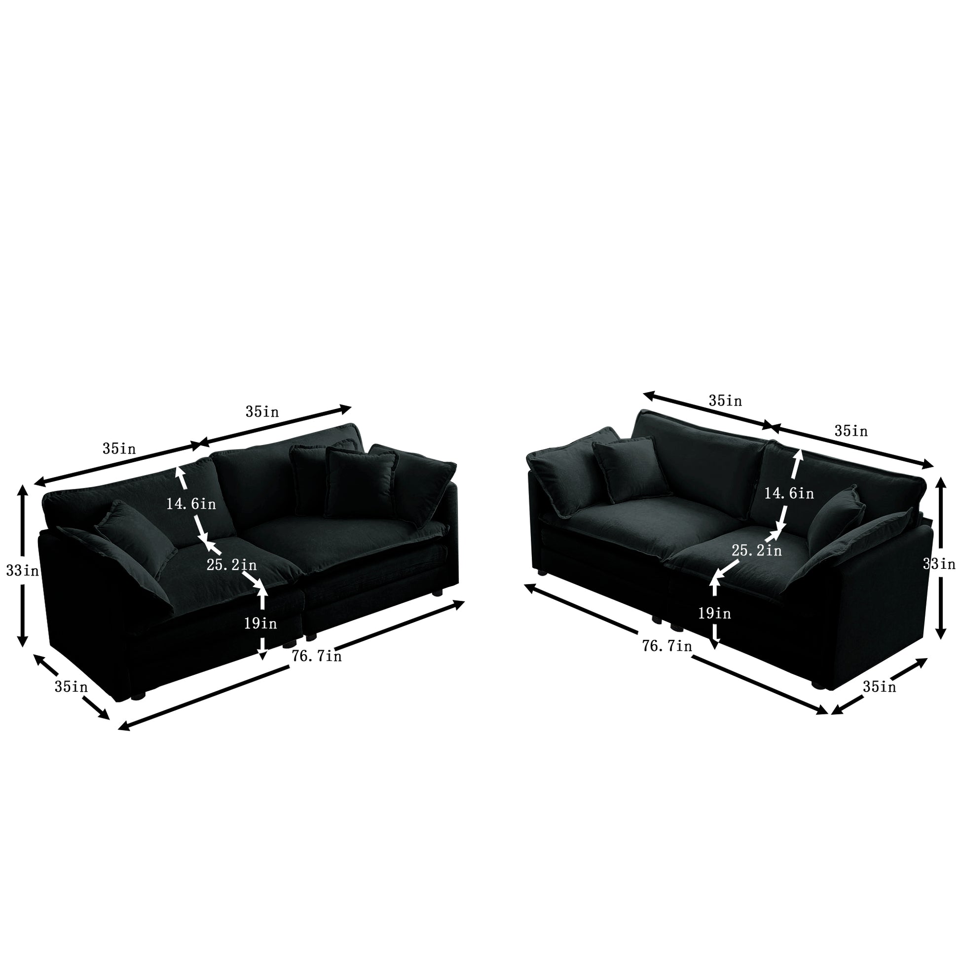 3 Piece Sofa Set Oversized Sofa Comfy Sofa Couch, 2 Pieces Of 2 Seater And 1 Piece Of 3 Seater Sofa For Living Room, Deep Seat Sofa Black Chenille Black Chenille 7 Seat