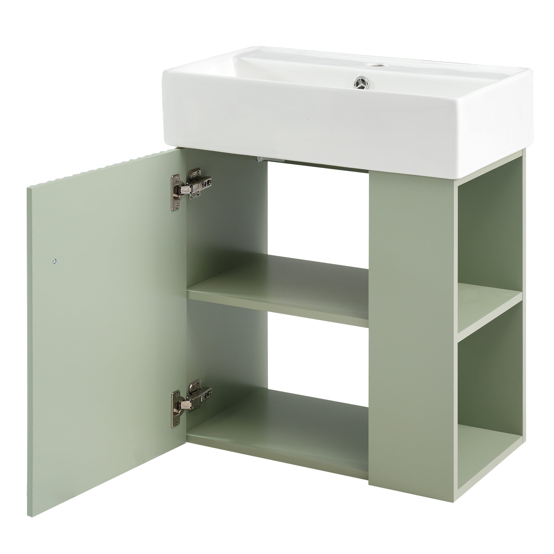 Video 21.6 Inch Modern Floating Bathroom Vanity With Ceramic Basin Perfect For Small Bathrooms, Right Side Storage Green Bathroom Ceramic Mdf