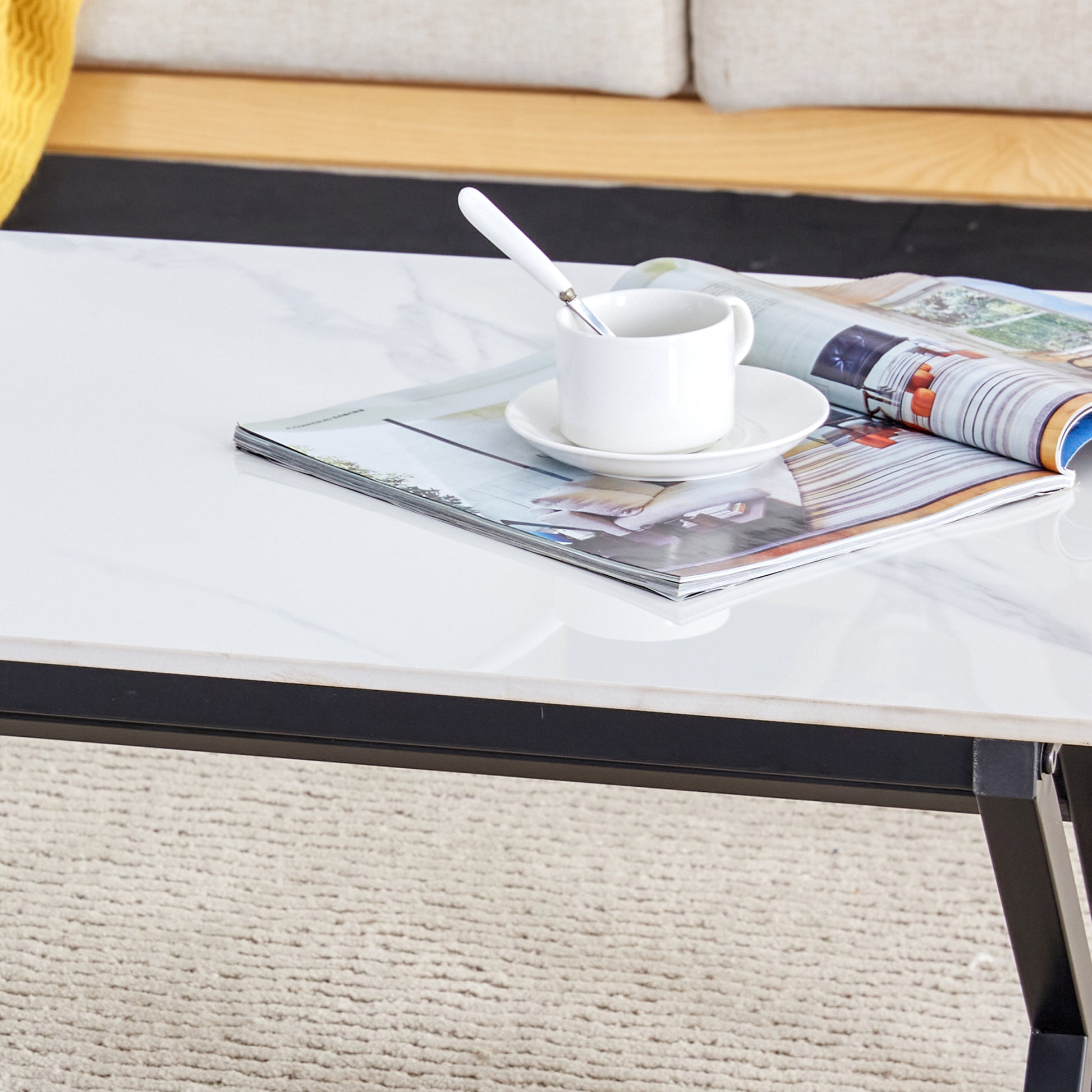 A Modern Minimalist Style White Marble Patterned Coffee Table With Black Metal Legs. Computer Desk. Game Table. Tea Table. Ct Xx White Black Sintered Stone