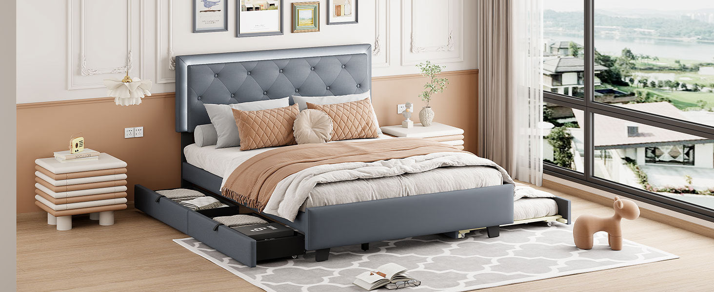 Queen Size Velvet Storage Platform Bed, With 2 Big Drawers, Twin Xl Size Trundle And Led Light, Gray Gray Velvet