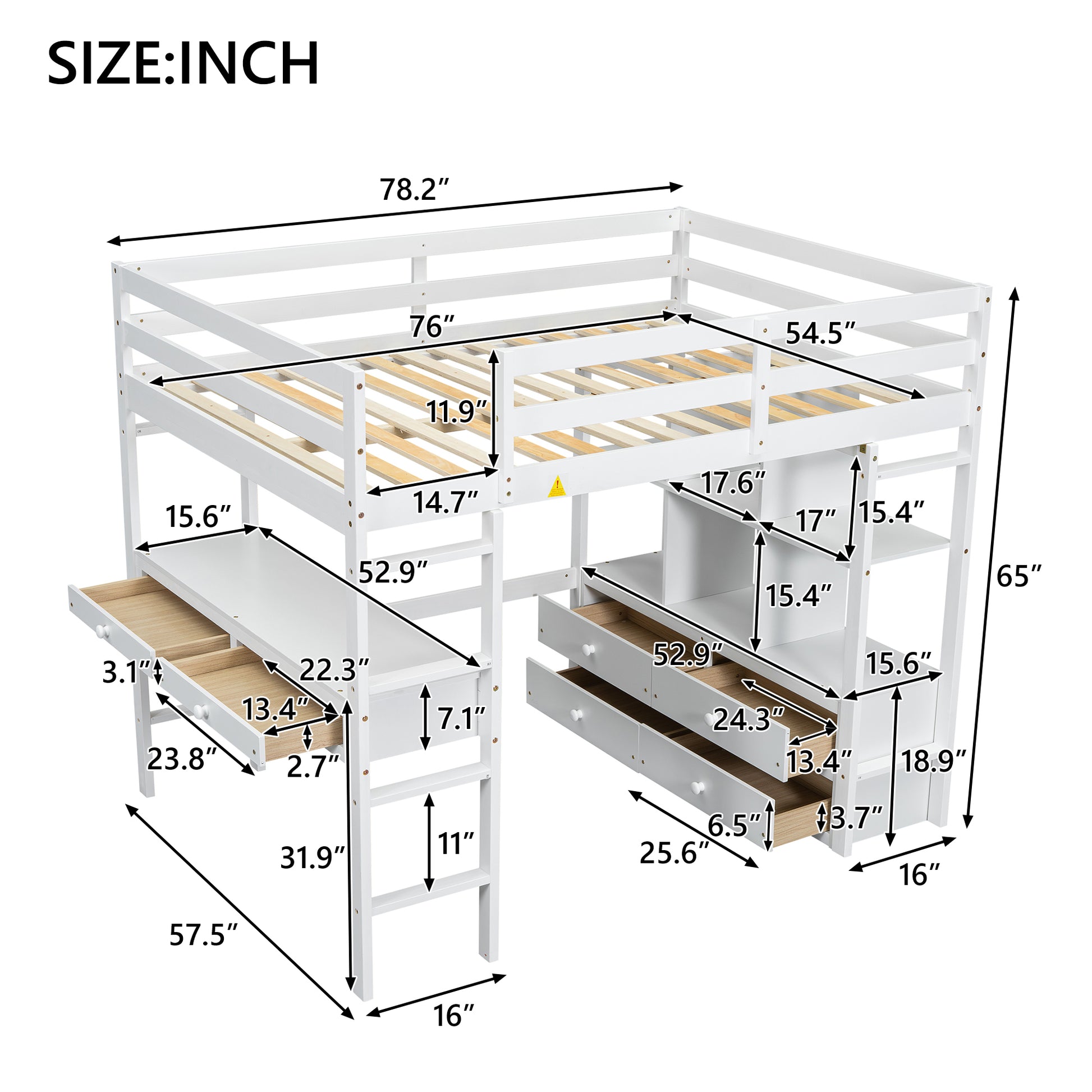 Full Size Loft Bed With Built In Desk With Two Drawers, And Storage Shelves And Drawers,White Old Sku:Gx000320Aak 1 Box Spring Not Required Full White Wood Bedroom Pine