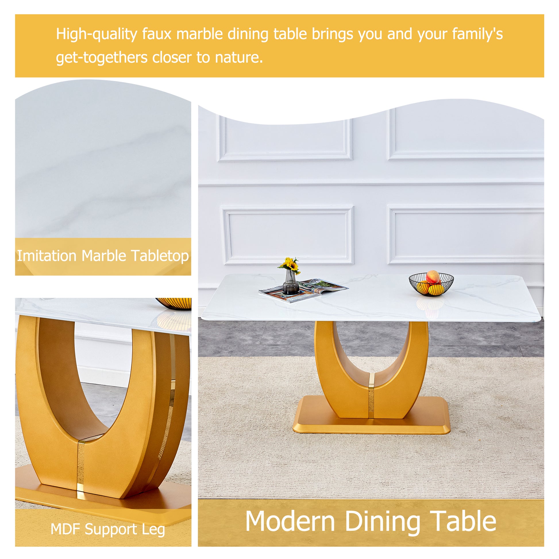 Table And Chair Set, Modern Minimalism And Luxurious White Rectangular Pattern Dining Table. Soft And Comfortable Dining Chairs For Dining Rooms, Living Rooms, Terraces And Kitchens. White Seats 6 Mdf Glass