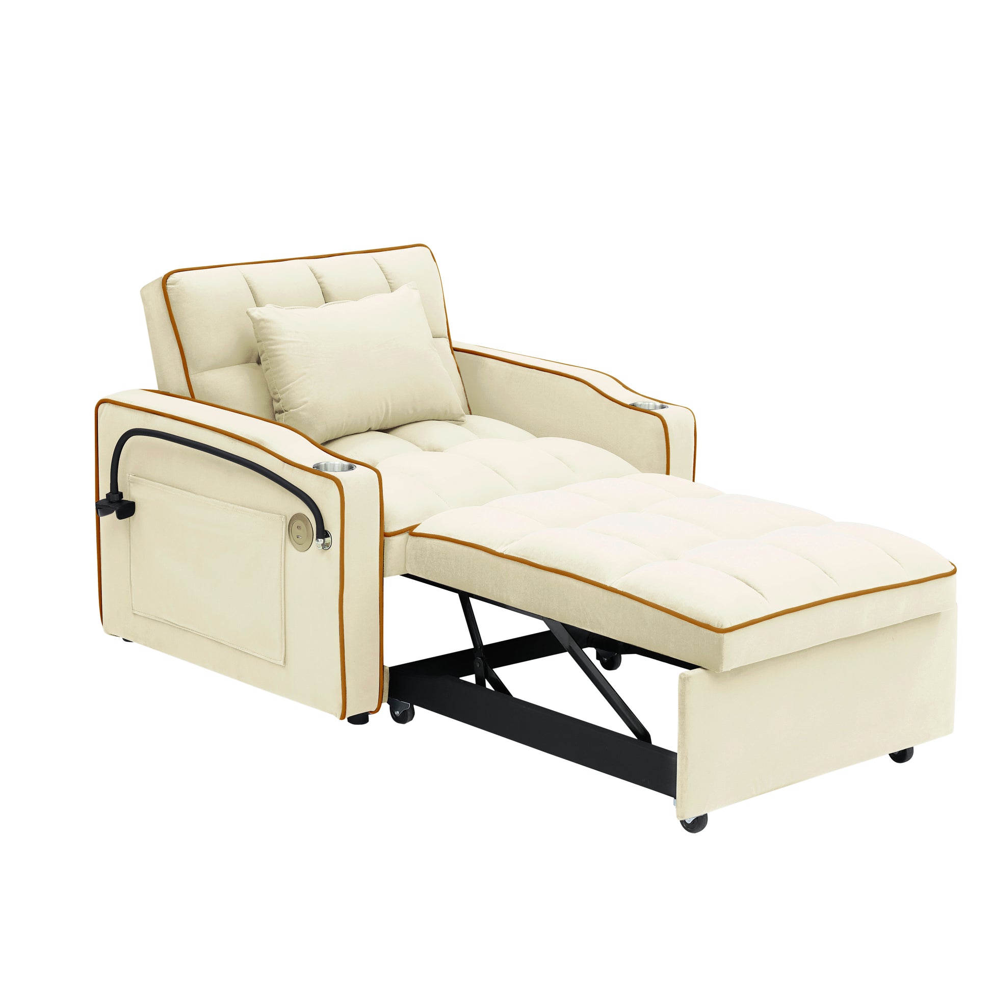 1 Versatile Foldable Sofa Bed In 3 Lengths, Modern Sofa Sofa Sofa Velvet Pull Out Bed, Adjustable Back And With Usb Port And Ashtray And Swivel Phone Stand Creamy White Creamy White Light Brown Velvet Wood Primary Living Space Cushion Back Light Duty