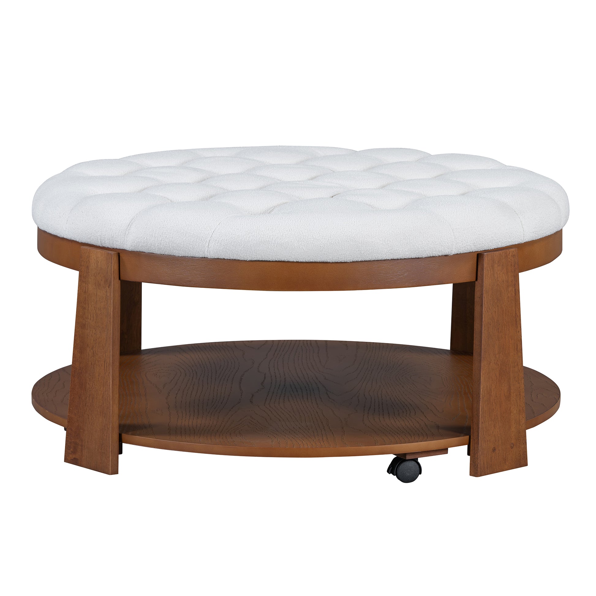 Modern Large Round Ottoman Coffee Table 2 Tier Oversized Button Tufted Ottoman With Wood Shelf Storage Upholstered Coffee Table For Living Room Footrest Ottoman With Wheel, Waterproof Linen Ivory White Rubber Wood