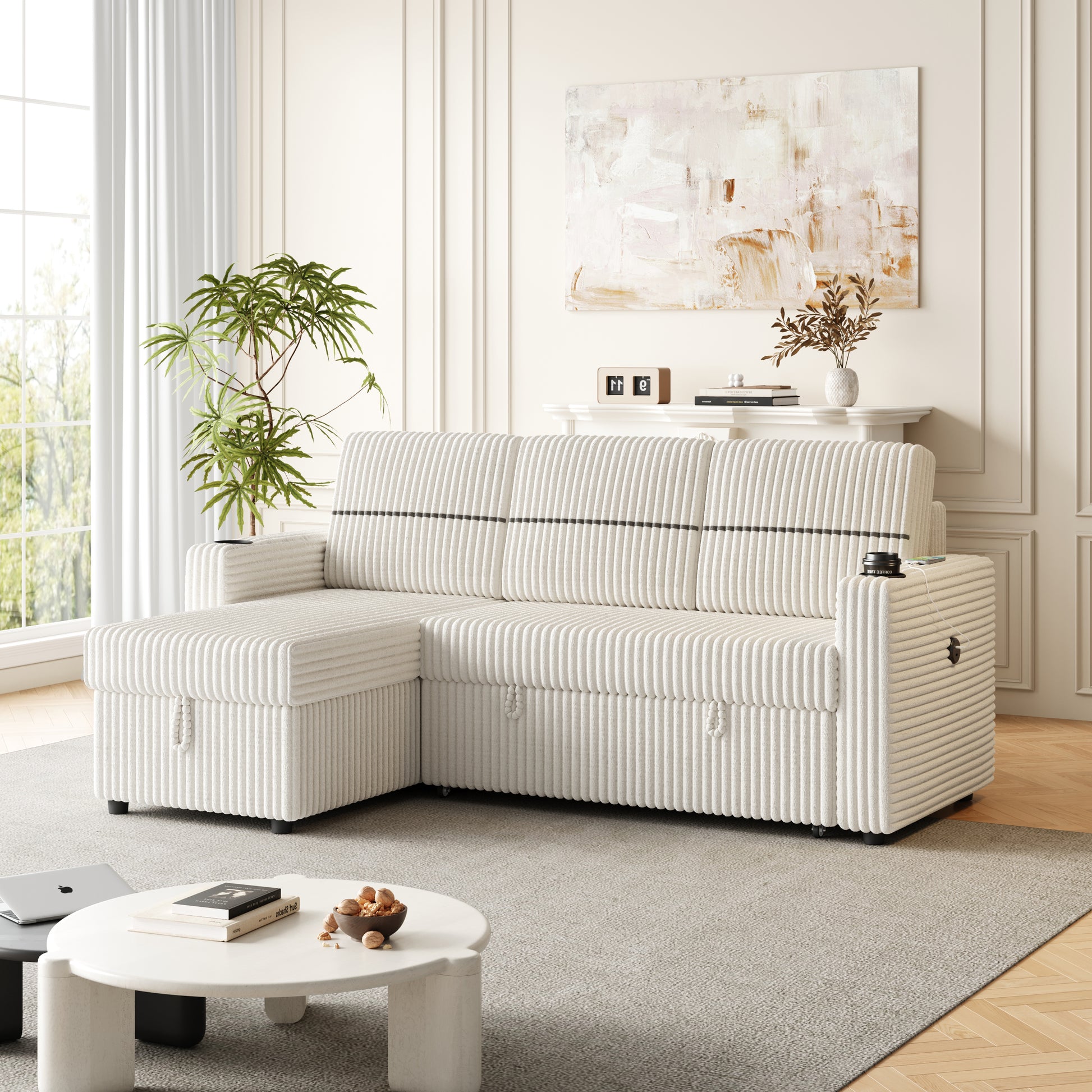 85 Inches Corduroy Sofa Bed, 3 Seater Sleeper Sofa With Storage Chaise, Square Handrail With Two Cup Holder And Usb Charge Port, Pull Out Couch For Living Room Beige Corduroy 3 Seat
