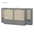 Queen Size Murphy Bed Wall Bed With Drawer And Rattan Decoration With 2 Storage Cabinets, One Set Of Sockets & Usb Ports, Pulley Structure Design, Gray Queen Gray Plywood
