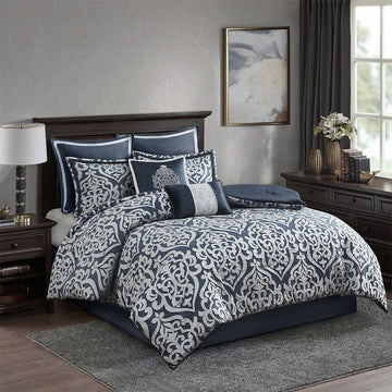 8 Piece Jacquard Comforter Set Navy Silver Queen Queen Navy Silver Polyester