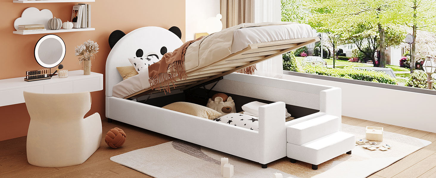 Twin Size Upholstered Daybed With Bear Shaped Headboard, Hydraulic System Andmesh Fence, White White Velvet