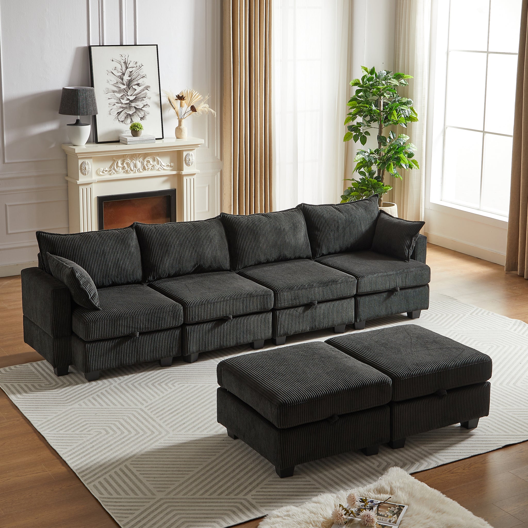 113.5'' Modular Sectiona Corduroy Sofa, Sectional Couches For Living Room U Shaped Sectional Couch With Storage Ottoman, 6 Seats Convertible Sectionals With Chaise Black Corduroy 6 Seat