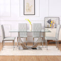Table And Chair Set, Modern Dining Table, Tempered Glass Tabletop And Silver Colored Leg Table, Soft And Comfortable Dining Chair, Perfect For Dinner, Meetings, Home And Office Decor Gray Seats 4 Glass