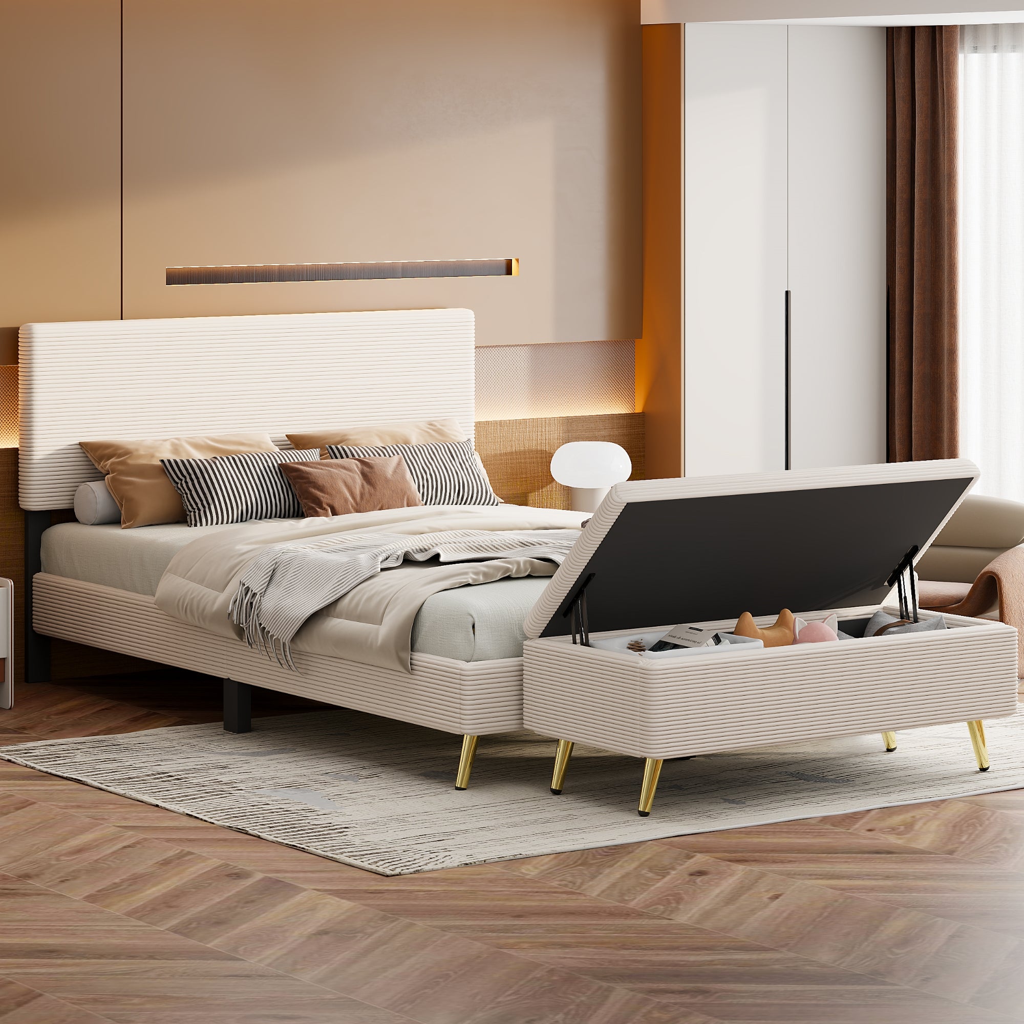 2 Pieces Bedroom Sets Queen Size Upholstered Bed Frame, Modern Corduroy Storage Ottoman,Beige Queen Beige 2 Piece Set Solid Wood Mdf