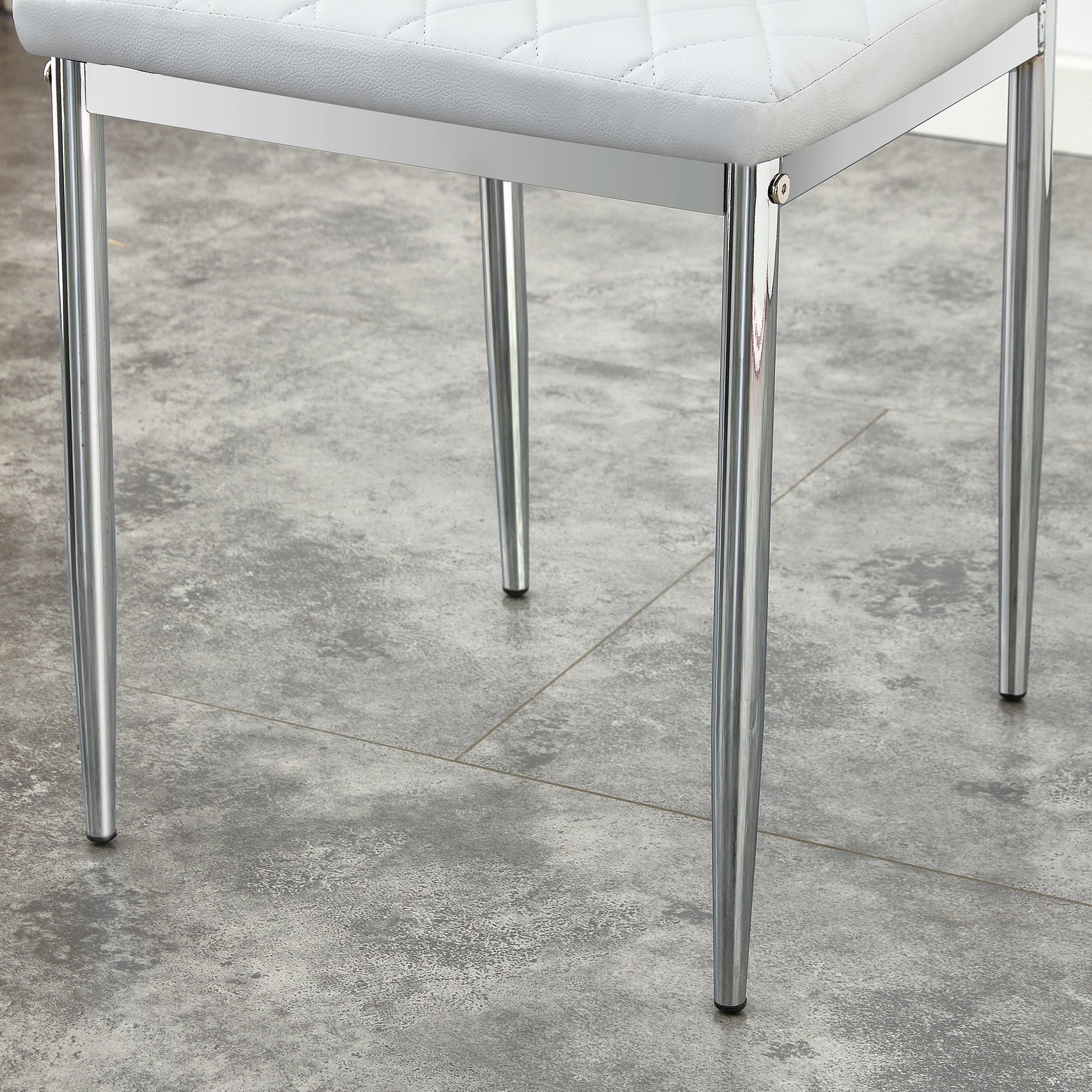 Table And Chair Set.Large Modern Rectangular Table With Brown Glass Top And Silver Metal Legs. Paired With 4 Light Gray Chairs With Checkered Armless High Back Pu Cushion And Silver Metal Legs. Light Gray,Silver Seats 4 Glass Metal