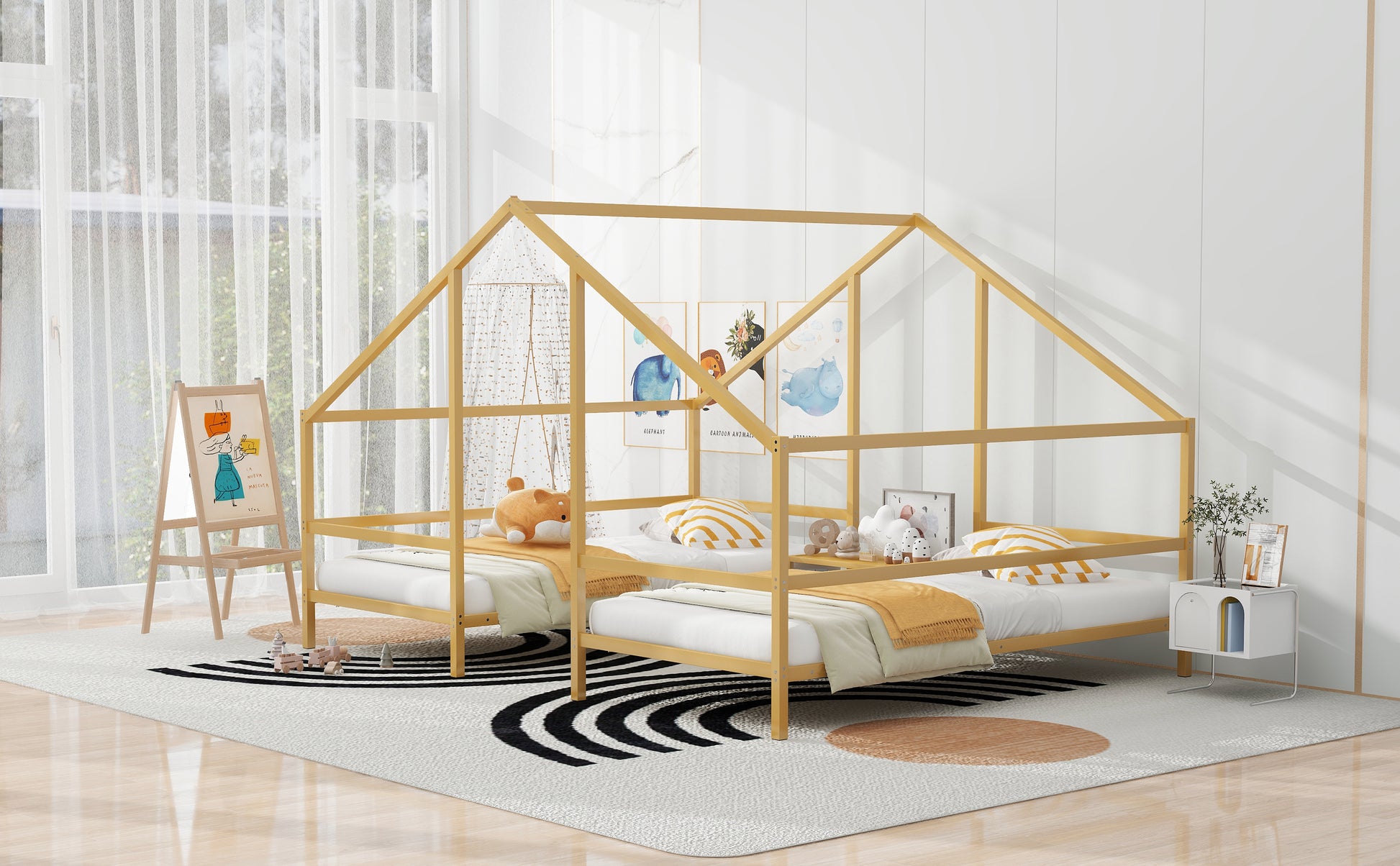 Metal Double Twin Size Triangular House Beds With Built In Table, Gold Box Spring Not Required Twin Gold Metal Metal
