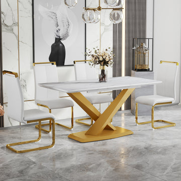 Table And Chair Set, The Table Is Equipped With A Marble Patterned Mdf Tabletop And Gold Table Legs.The Chair Is Equipped With Pu Synthetic Leather High Back Cushion And Gold Coated Metal Legs. Gold White Seats 4 Mdf Metal