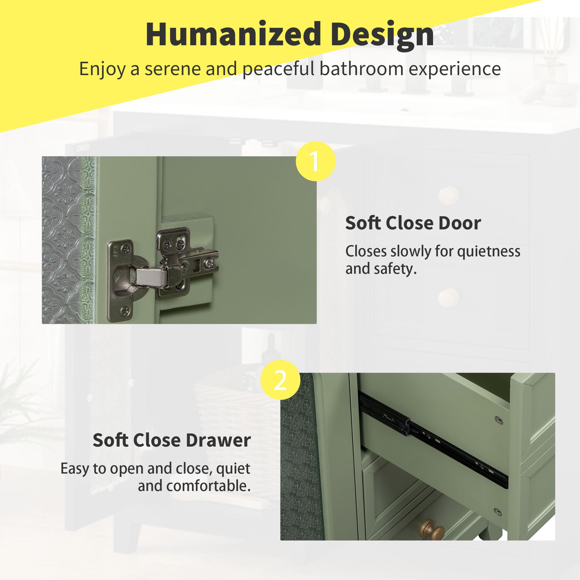 36 Inch Bathroom Vanity With Two Soft Close Doors, Adjustable Shelves And Three Soft Close Drawers Green Bathroom Solid Wood Mdf