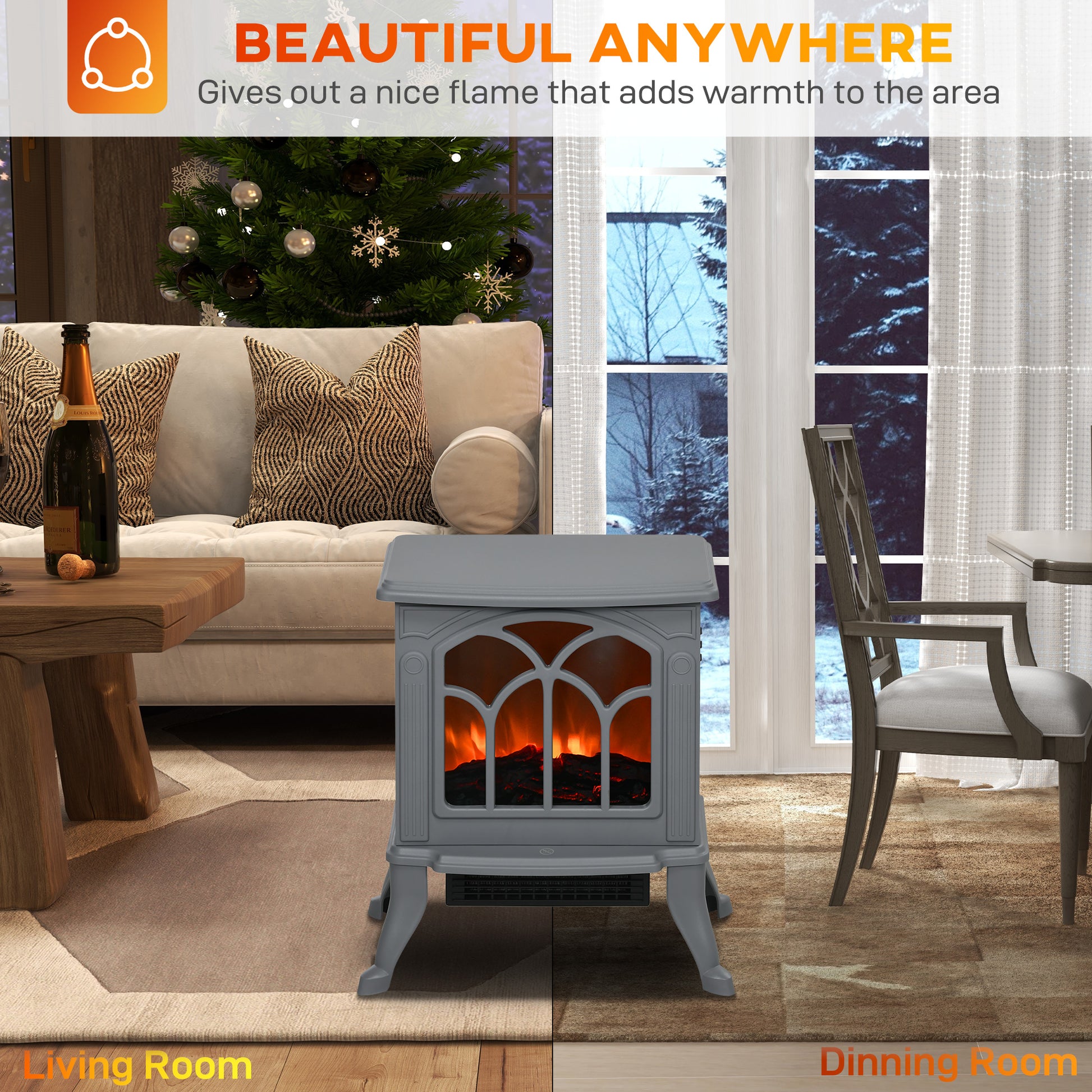 Homcom 17" Freestanding Electric Fireplace Stove, Fire Place Heater With Realistic Logs And Flame Effect And Overheat Protection, 750W 1500W, Gray Gray Plastic