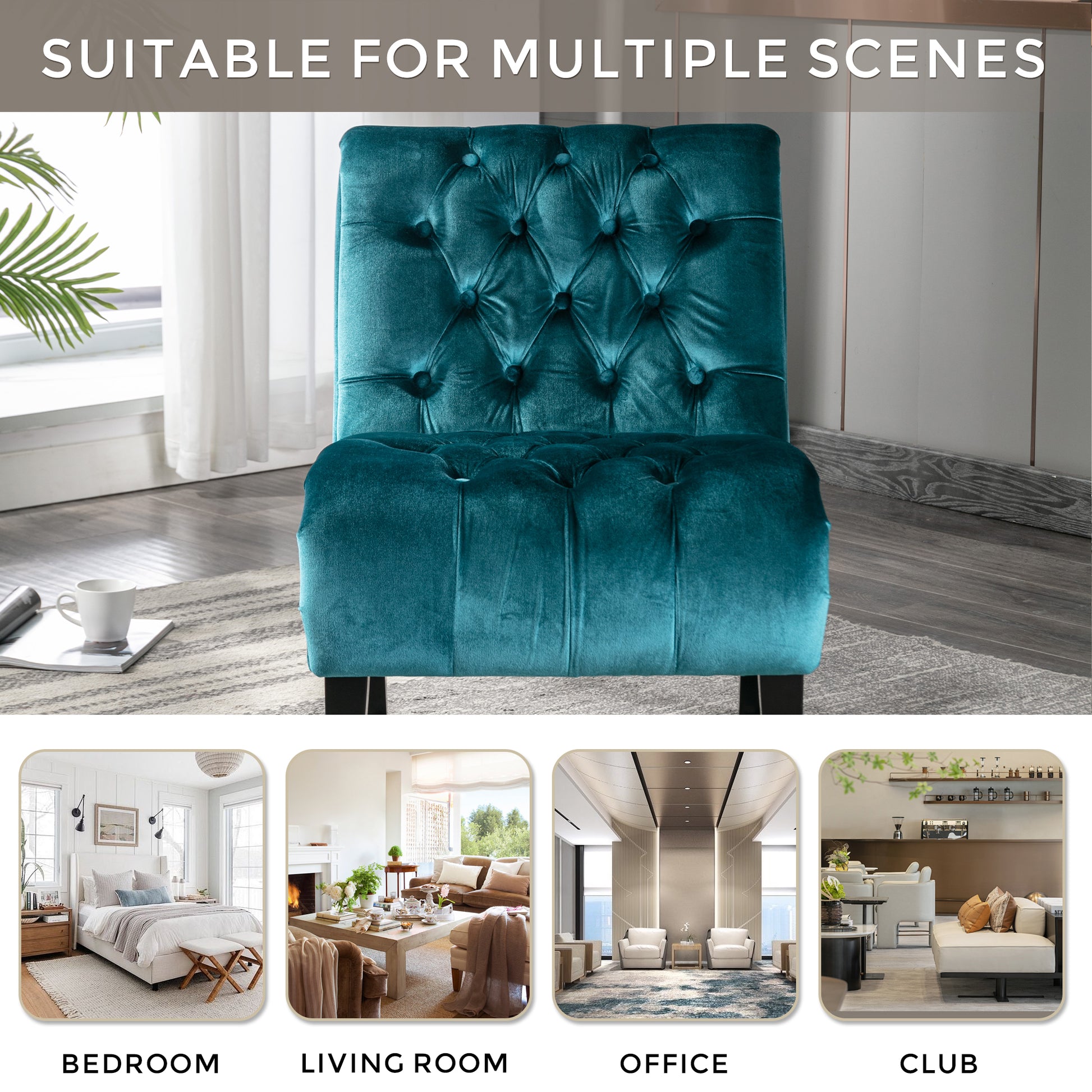 Coolmore Modern Velvet Armless Accent Living Room Chair Leisure Chair,Upholstered Fabric Button Comfortable Chair With Wooden Legs For Bedroom, Living Room, Office Teal Velvet Teal Primary Living Space Foam Velvet