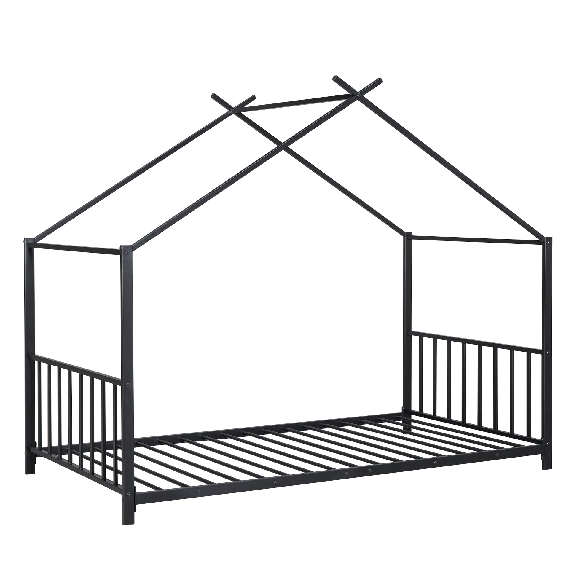 Twin Size Metal House Platform Bed, Black Box Spring Not Required Twin Black Metal Bedroom Bed Frame Metal