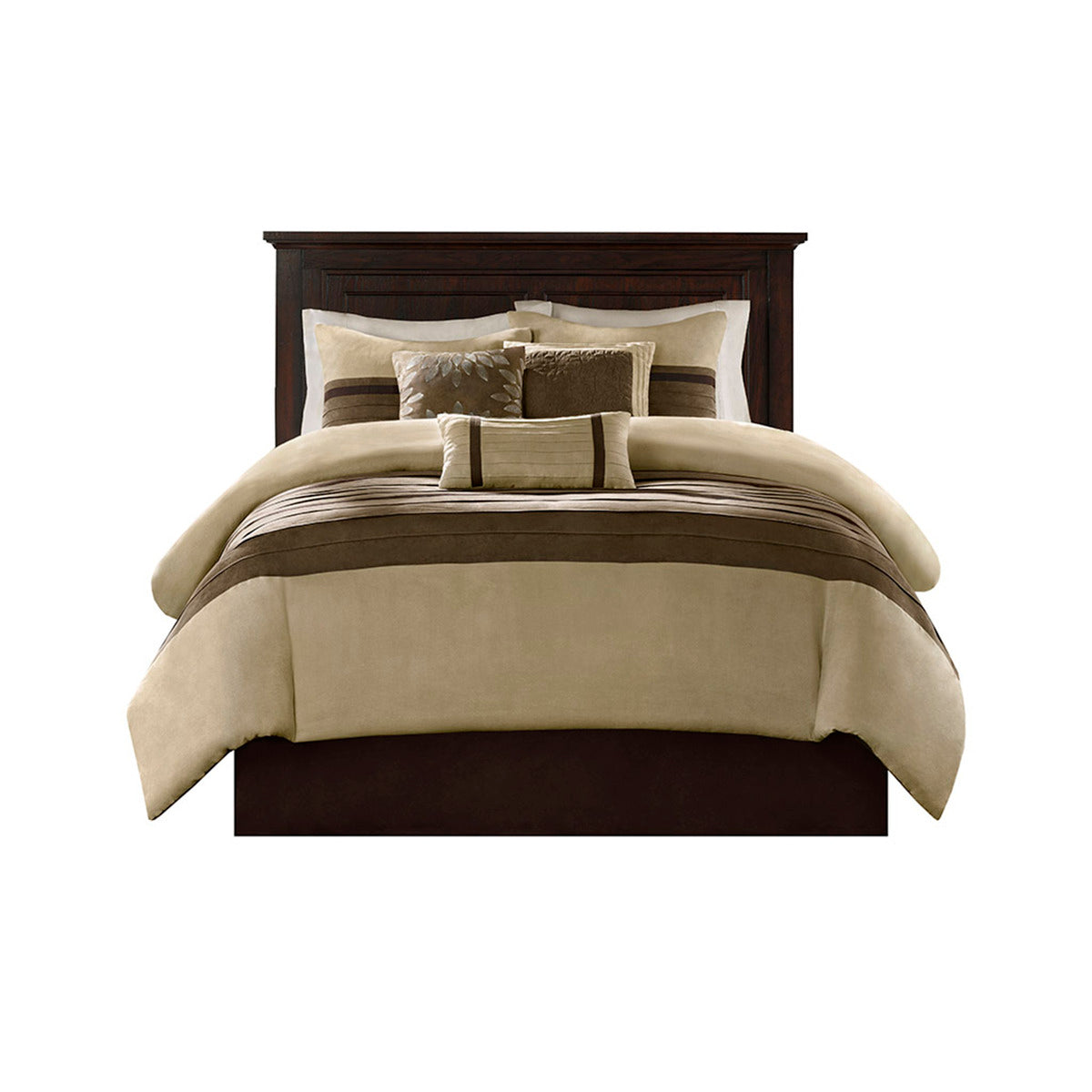 7 Pc Pieced Faux Suede Comforter Set Natural Full Full Natural Polyester