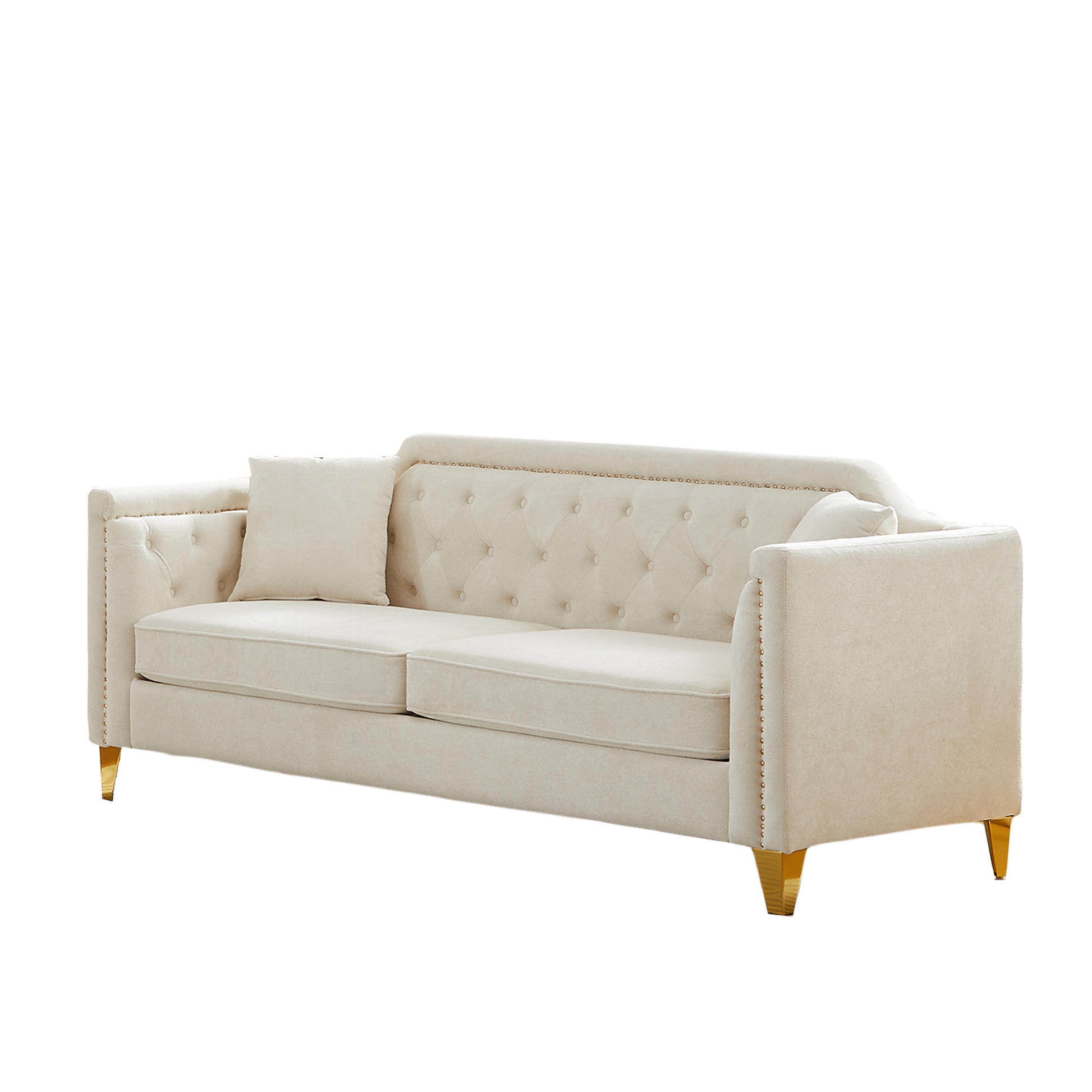 Fx 81"Mid Century Design Modern Sofa,Chenille Pull Buckle Design Sofa For Living Room,Buttons Tufted With Copper Nail Decoration Armrest, With 2 Pillows,Modern Couch Upholstered Button And Metal Leg Beige Chenille Pine Foam Fabric 3 Seat