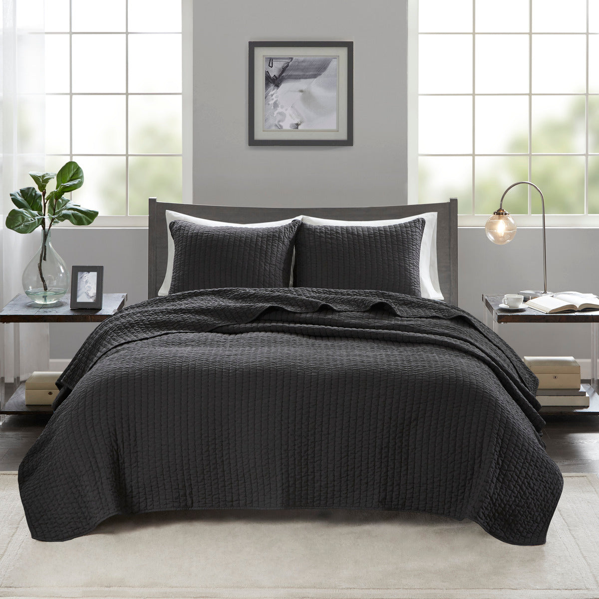 2 Piece Quilt Set Black Twin Twin Xl Twin Black Microfiber