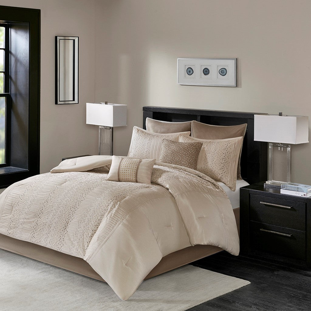 8 Piece Embroidered Comforter Set Natural Cal King California King Beige Polyester
