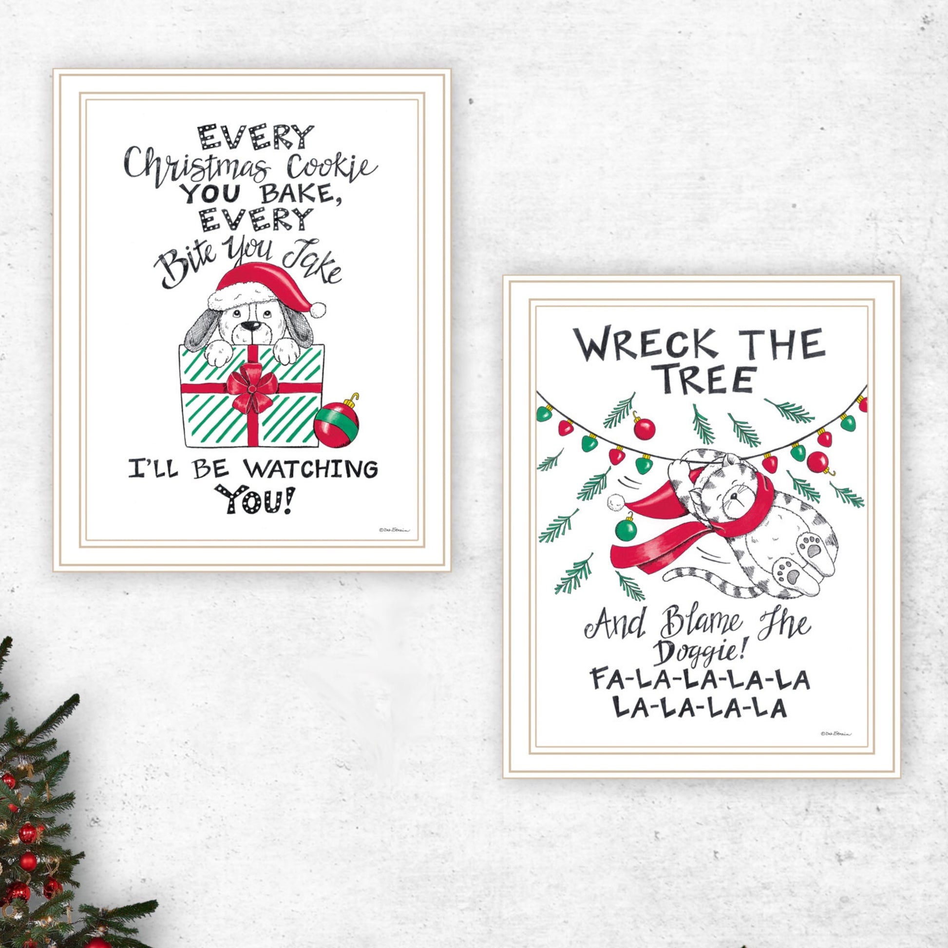 2 Piece Vignette Cat & Dog Christmas Enjoyment White Framed Wall Art For Living Room, Bedroom Wall Art Print For Home Decor By Deb Strain Multi Wood Paper