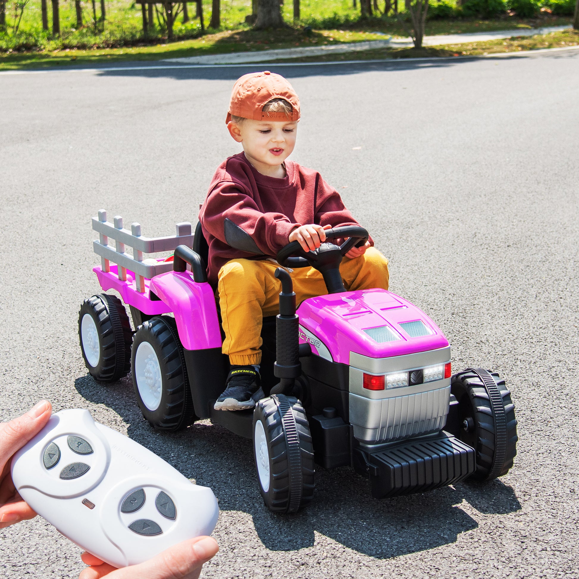Pink, 12V7Ah Battery Powered Toy Tractor With Trailer, Remote Control, Kids' Electric Excavator Vehicles With 2X35W Dual Motor, Treaded Tires, Led Lights, Usb, Music, Safety Belt Gift Childrens Day
