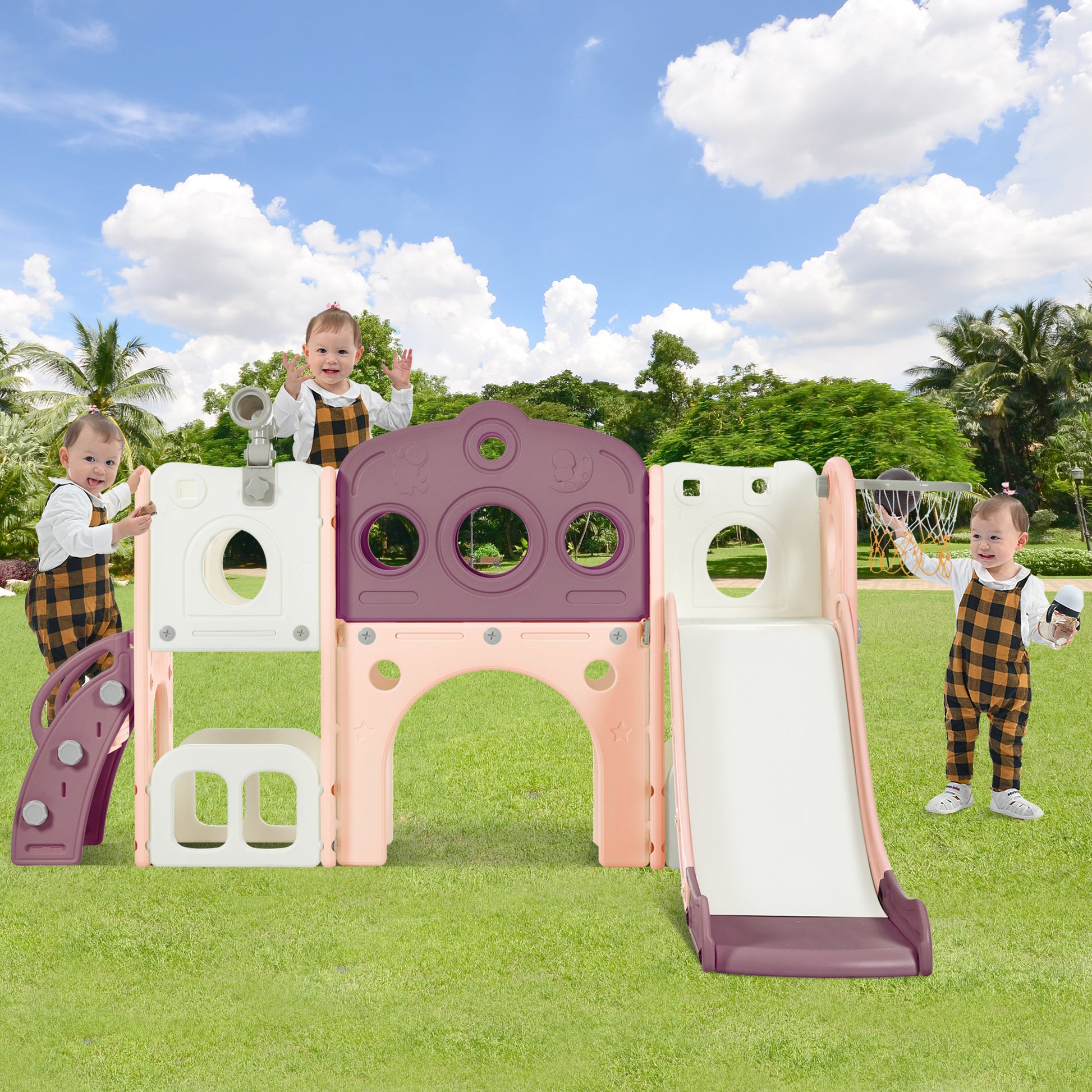 7 In 1 Toddler Slide Set, Freestanding Space Set With Slide, Kids Slide Playset Structure, Arch Tunnel And Basketball Hoop, Toy Storage Organizer For Toddlers, Kids Climbers Playground Purple 50 99 Lbs Cute 1 To 2 Years Hdpe Indoor & Outdoor Use
