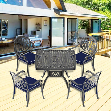 Cushions In Random Colors 5 Piece Set Of Cast Aluminum Patio Furniture With Cushions Yes Dining Set Black Seats 4 Rust Resistant Frame Water Resistant Cushion Garden & Outdoor Complete Patio Sets Aluminium