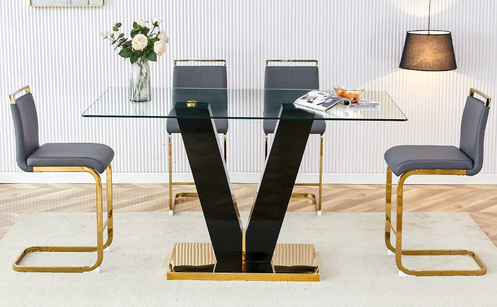 Table And Chair Set,Large Modern Minimalist Rectangular Glass Dining Table For 4 8 With 0.4" Tempered Glass Tabletop And Mdf Slab V Shaped Bracket, Pu And Gold Legs Of The Chair. Black Grey Seats 4 Tempered Glass