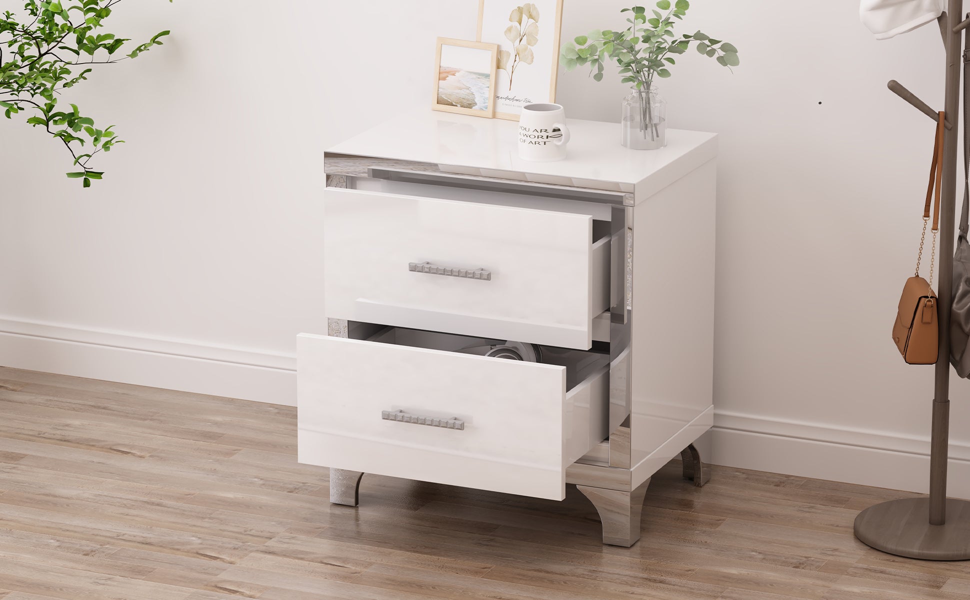 Elegant High Gloss Nightstand With Metal Handle,Mirrored Bedside Table With 2 Drawers For Bedroom,Living Room,White White Particle Board