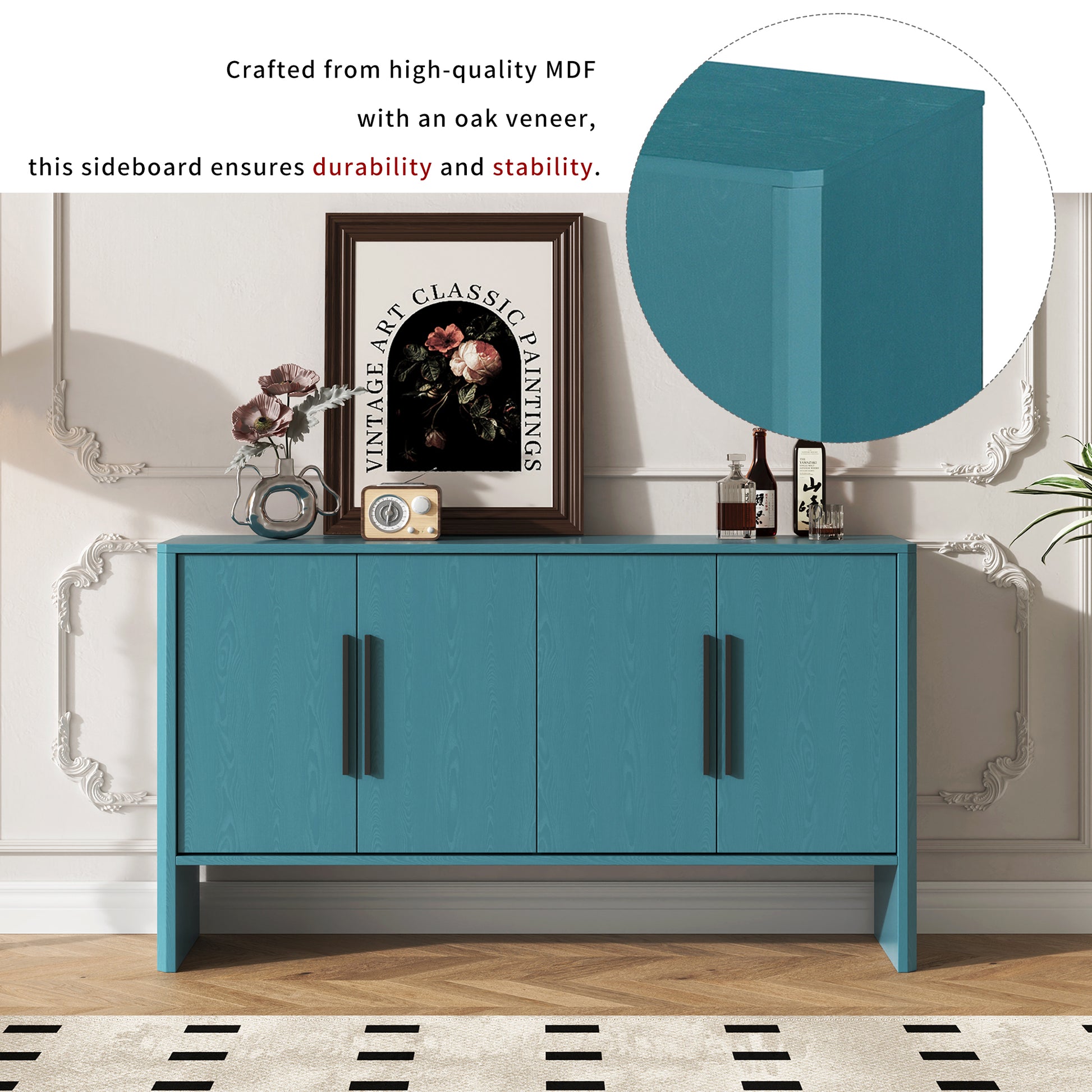 4 Door Large Storage Retro Sideboard With Adjustable Shelves And Long Handles For Kitchen, Dining Room And Living Room Antique Blue Antique Blue Mdf
