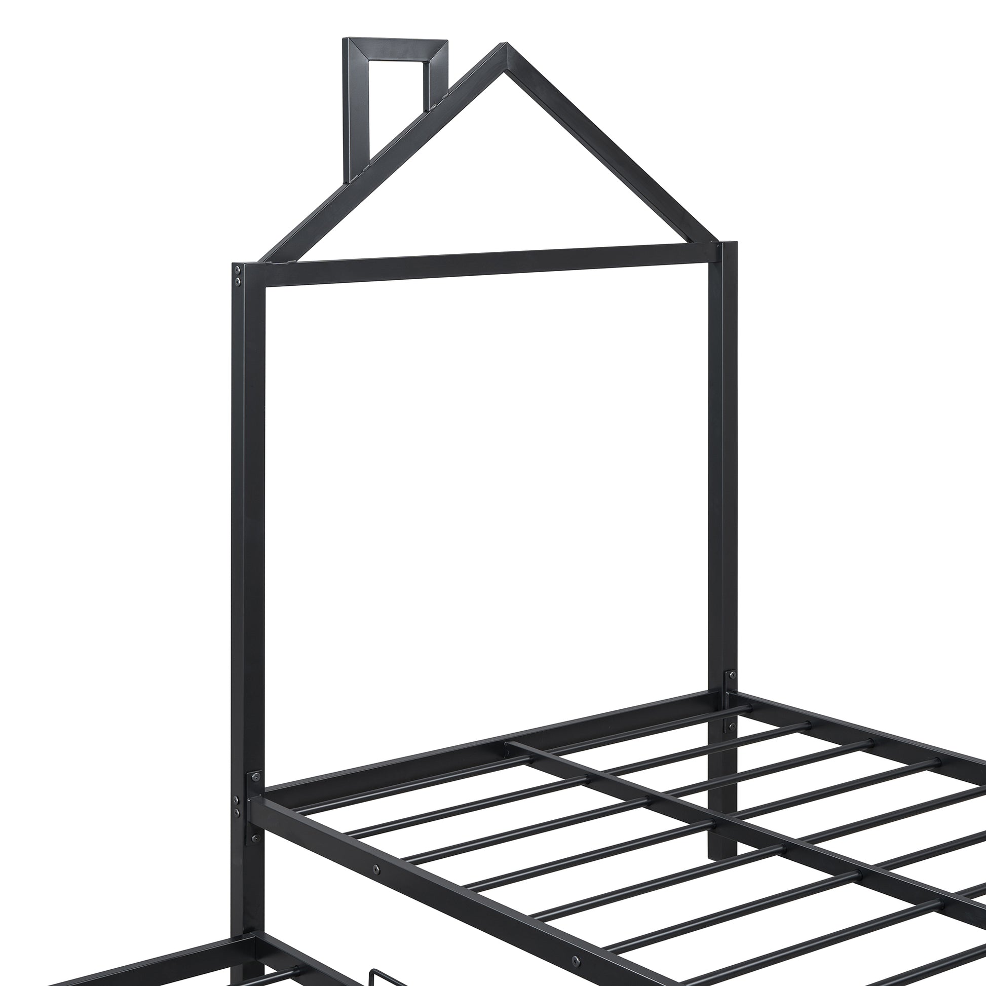 Twin Size Metal Platform Bed With Two Drawers,House Shaped Headboard Design, Black Twin Black Metal