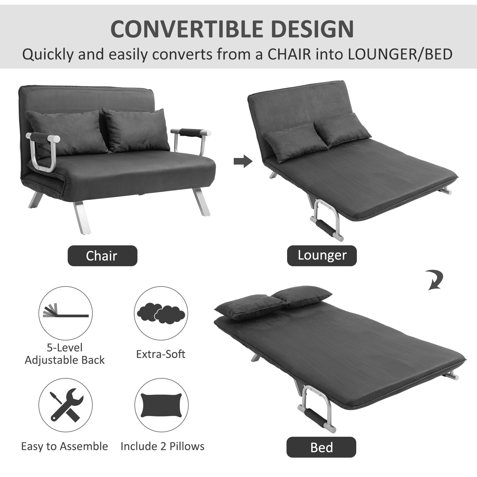 Homcom Convertible Sofa Bed Sleeper Chair, 5 Position Adjustable Backrest, Armchair Sleeper With Pillows, Leisure Chaise Lounge Couch, Gray Grey Steel 2 Seat