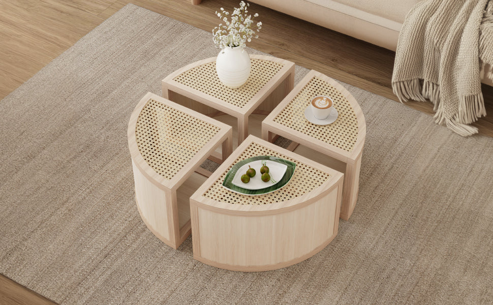 Round To Square Block Modular Coffee Table Light Natural Rattan With Storage 4 Piece Light Natural Rubber Wood