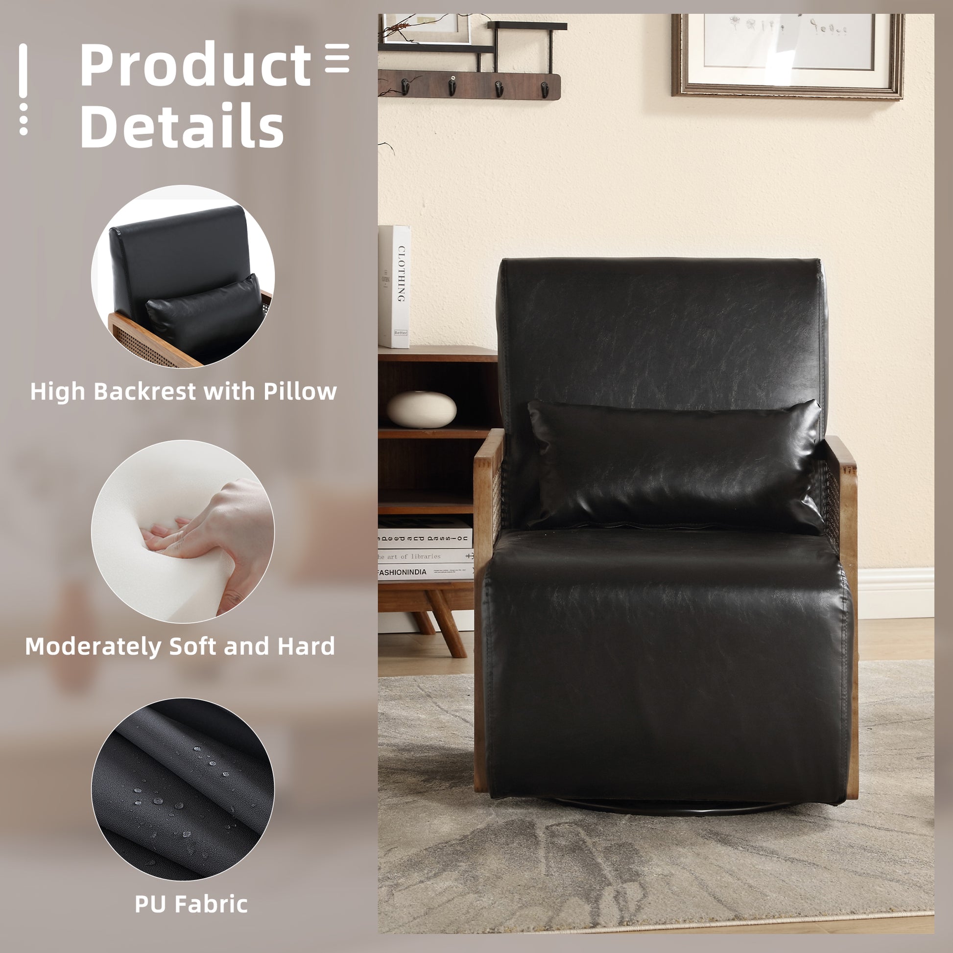 Coolmore 360 Degree Swivel Barrel Club Chair With One Pillow,Modern Comfortable Upholstered Accent Chair,Linen Accent Chair For Living Room,Bedroom Black Pu Black Pu Primary Living Space Modern Foam Pu Leather