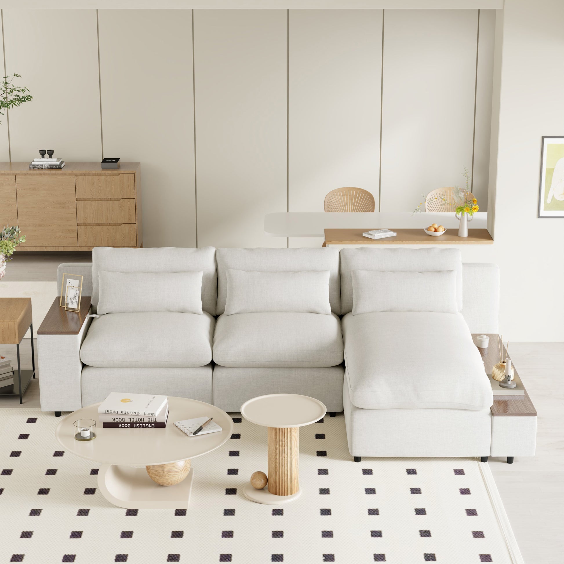 L Shaped Modular Sectional Sofa With Removable Back Cushions,3 Pillows And 2 Storage Spaces,Suitable For Living Rooms,Offices And Apartments Beige Polyester 3 Seat