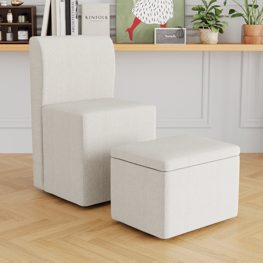 Two Piece Set Of Wheeled Dining Chairs, Modern Rolling Dining Chairs, Footstools With Wheels, Suitable For Bedrooms, Reading Rooms, Living Rooms, Beige Linen Chairs Beige Foam Linen